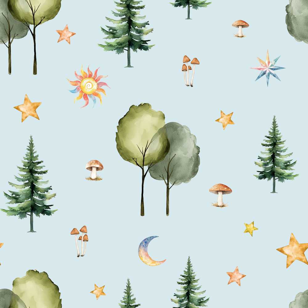 Watercolor Forest Trees Mushrooms Sun Moon Stars on Sky Blue