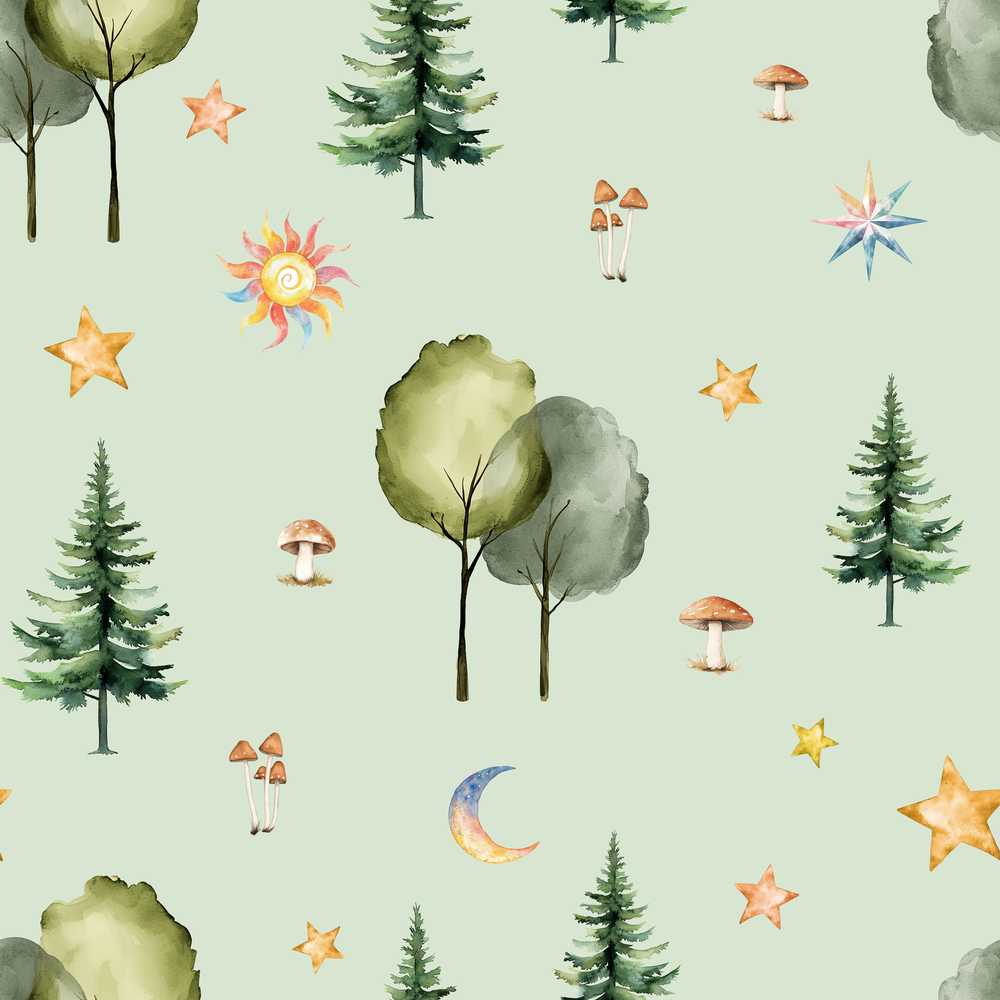 Watercolor Forest Trees Mushrooms Sun Moon Stars on Sage Green