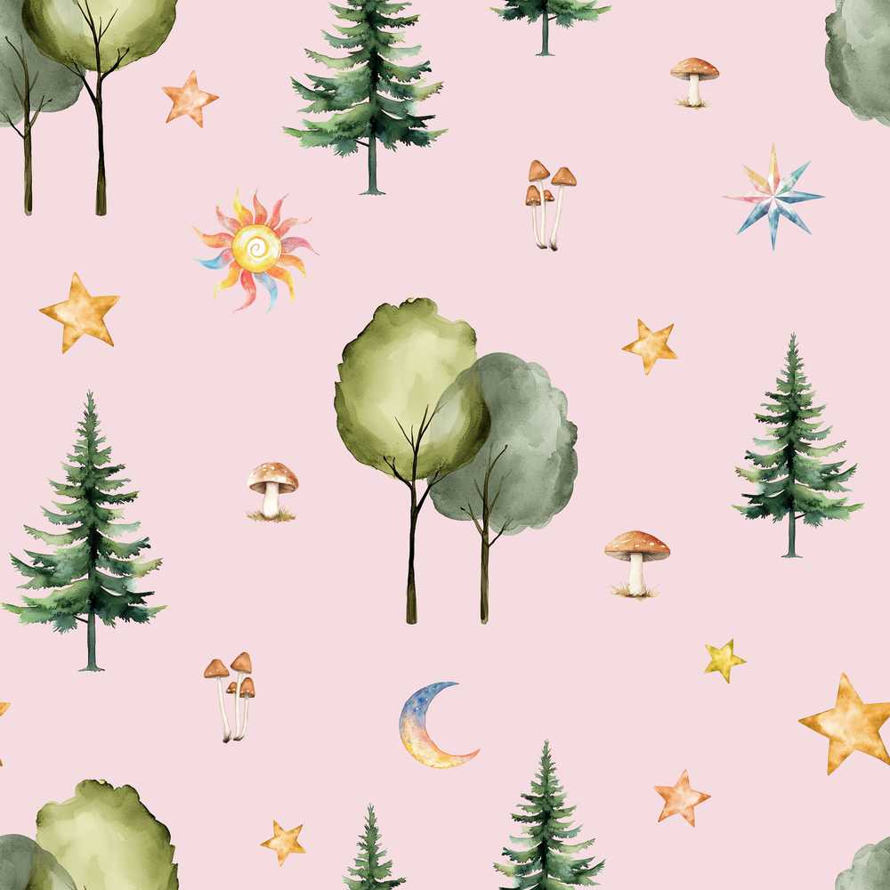 Watercolor Forest Trees Mushrooms Sun Moon Stars on Blush Pink