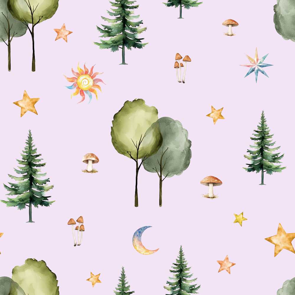 Watercolor Forest Trees Mushrooms Sun Moon Stars on Soft Lilac
