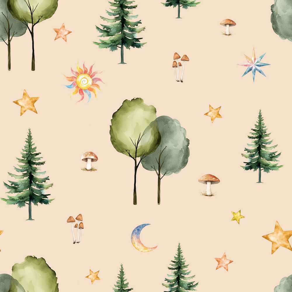 Watercolor Forest Trees Mushrooms Sun Moon Stars on Warm Beige