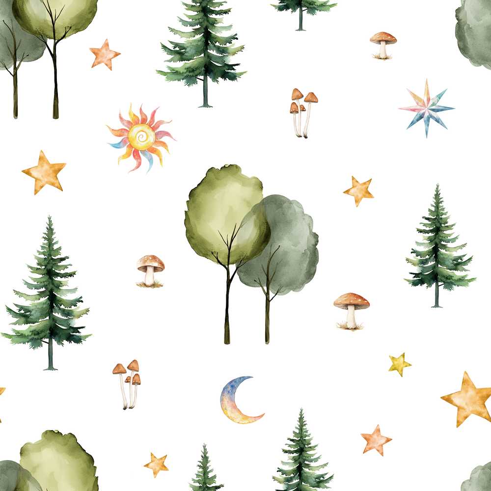 Watercolor Forest Trees Mushrooms Sun Moon Stars on Light Grey