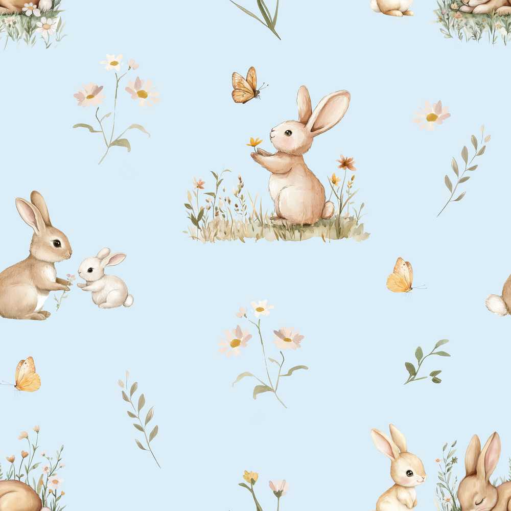 Watercolor Bunny Rabbits Butterflies Wildflowers on Sky Blue