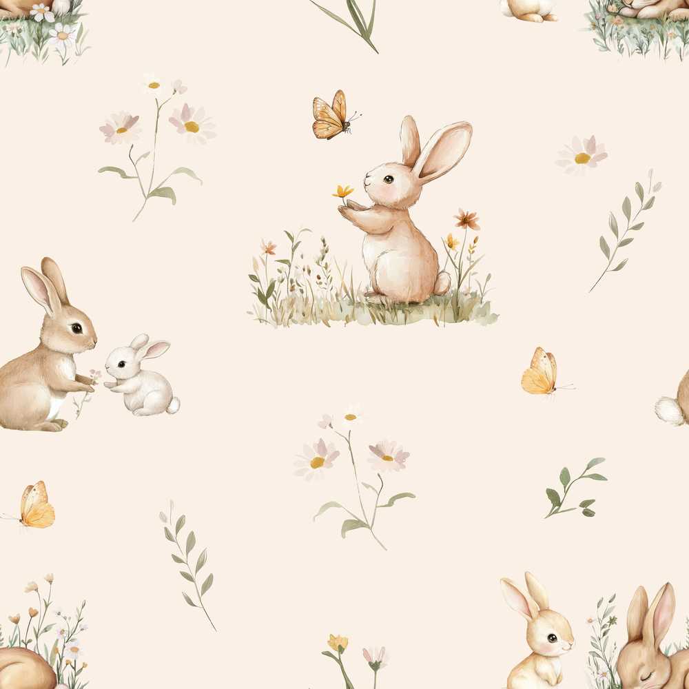 Watercolor Bunny Butterfly Floral Meadow Wildflower Pattern Botanical