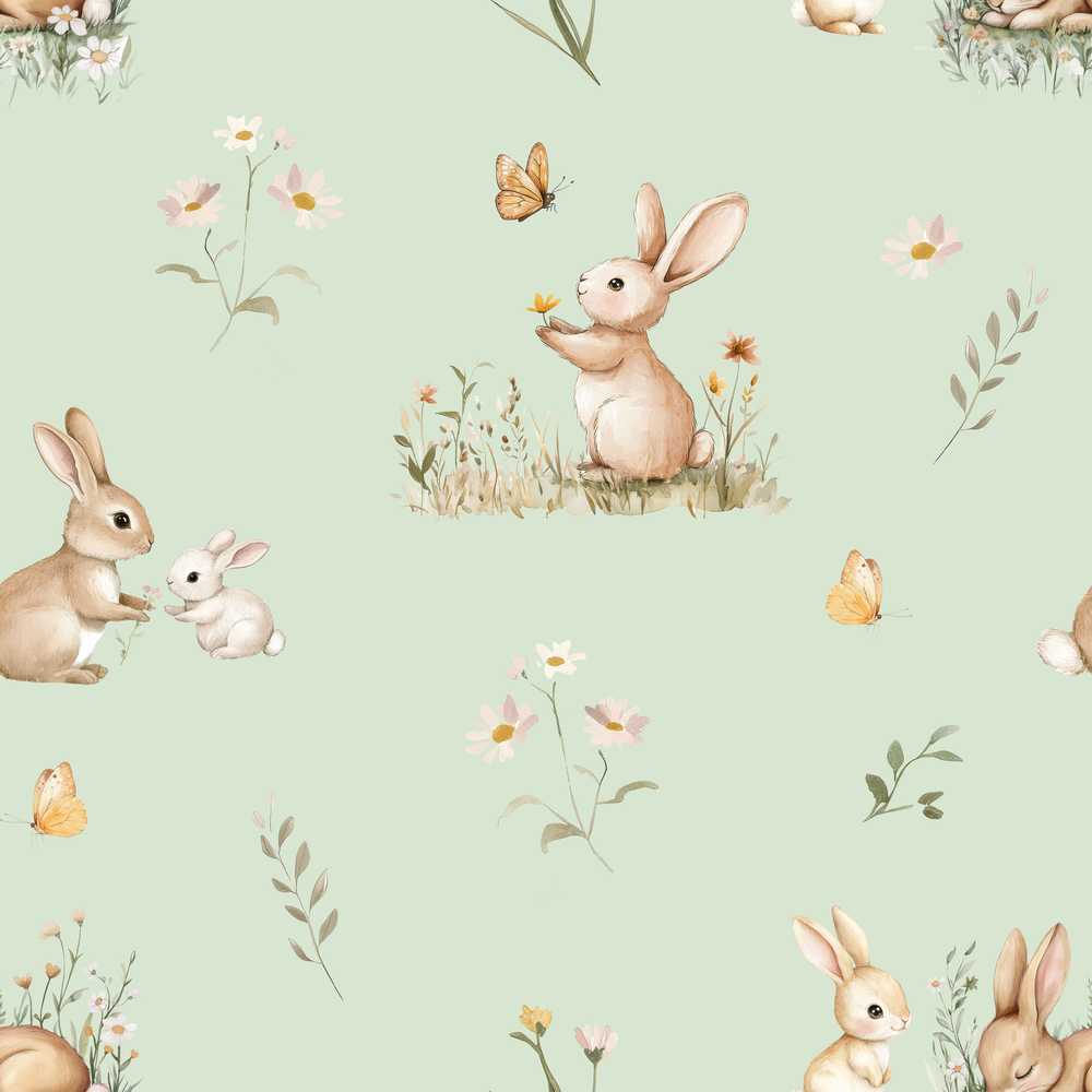 Watercolor Bunny Butterfly Floral Meadow Soft Sage Pattern Wildflower