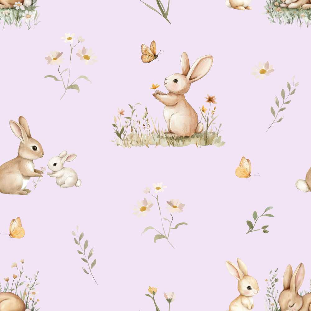 Watercolor Bunny Butterfly Floral Meadow Pale Lilac Pattern Wildflower
