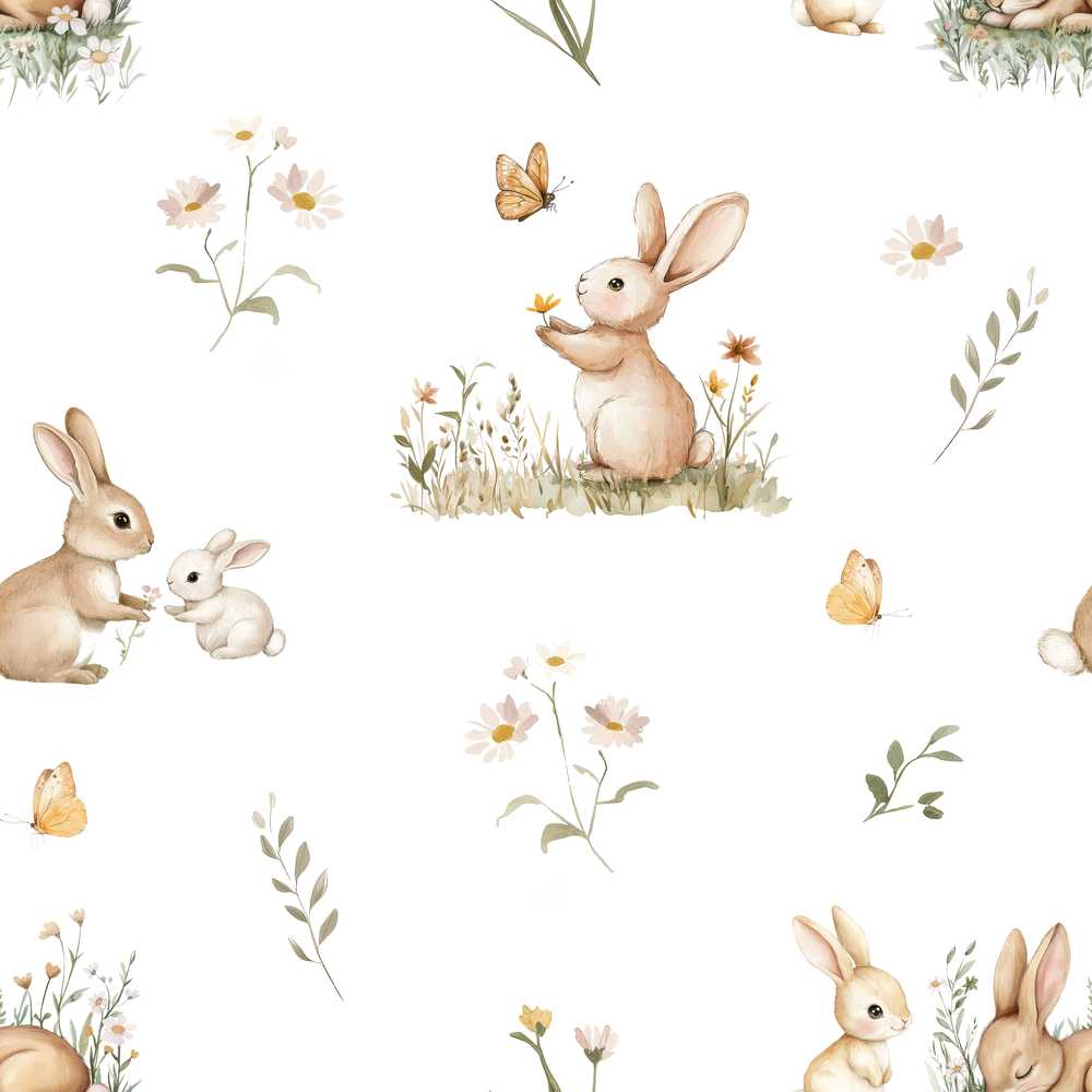 Watercolor Bunny Butterfly Floral Meadow Neutral Tone Pattern Wildflower