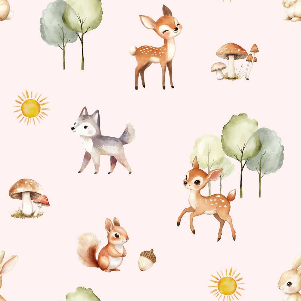 Cute Woodland Deer Fox Squirrel Mushroom Forest Pattern