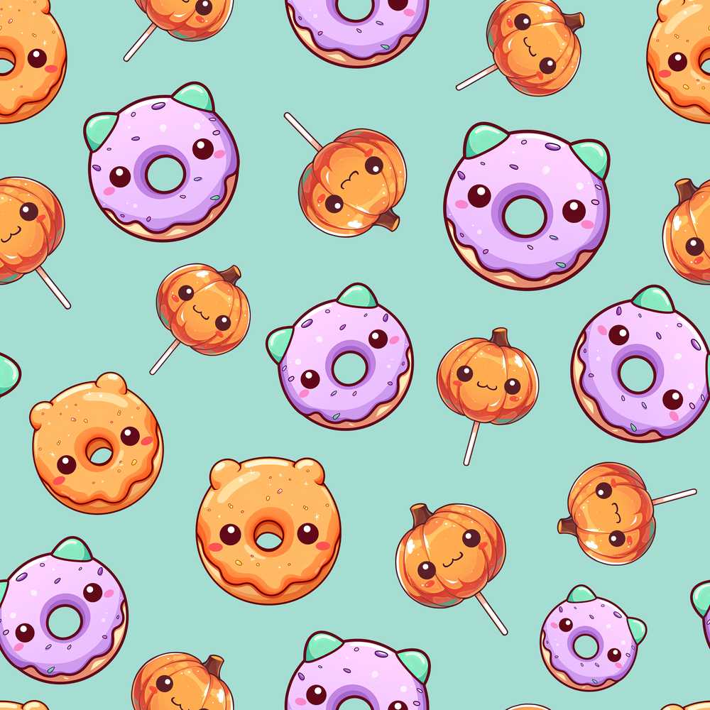 Cute Kawaii Donut Pumpkin Lollipop Pattern Teal Background