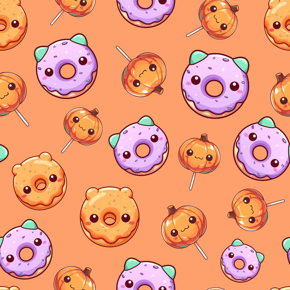 Cute Kawaii Donut Pumpkin Lollipop Pattern Orange Background
