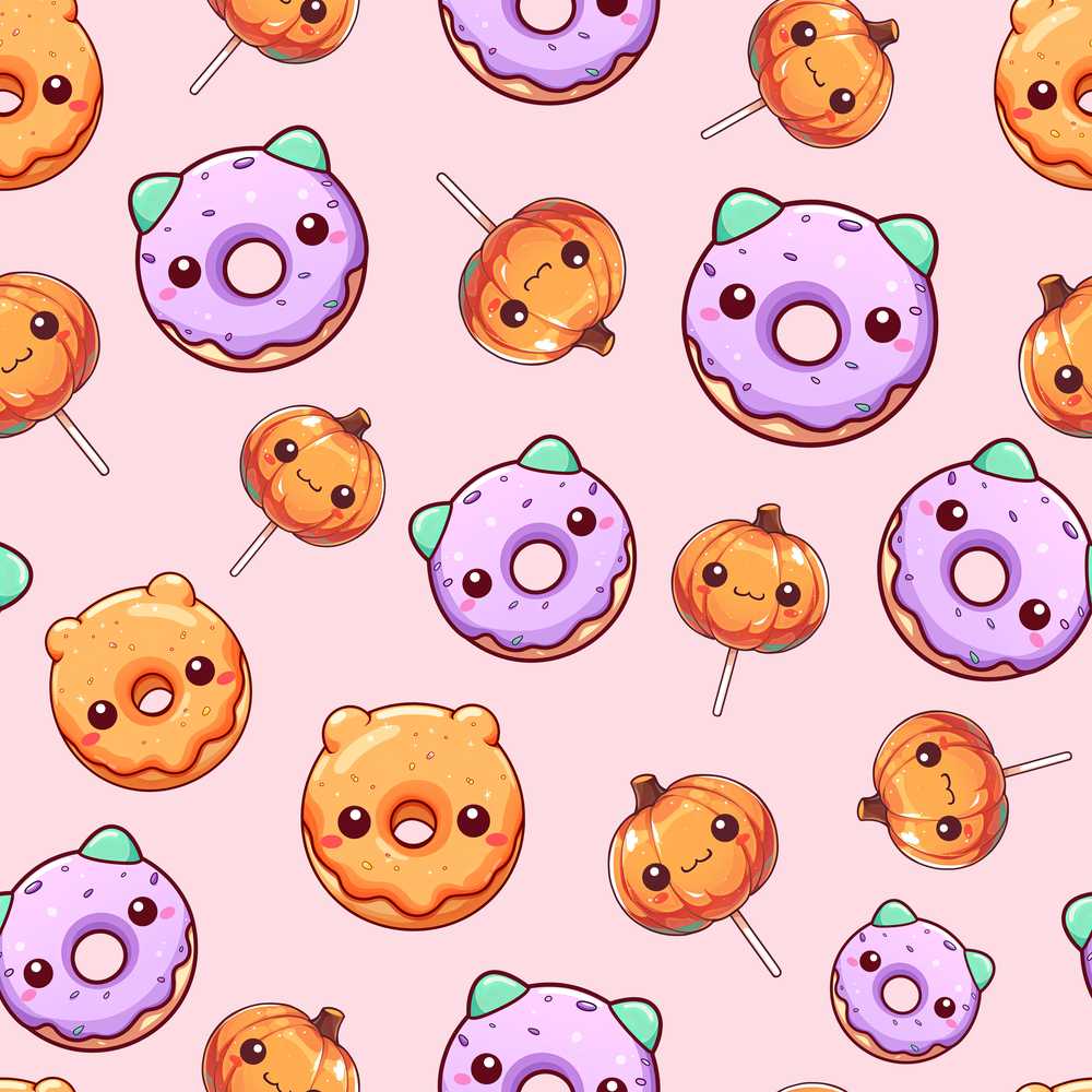 Cute Kawaii Donut Pumpkin Lollipop Pattern Soft Pink Background