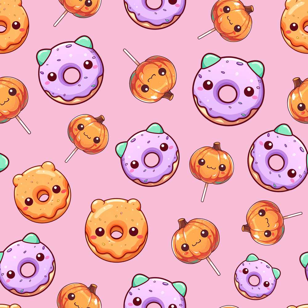 Cute Kawaii Donut Pumpkin Lollipop Pattern Pastel Pink Background