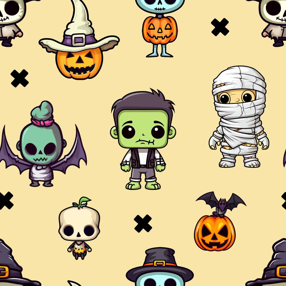 Cute Halloween Characters Mummy Frankenstein Bat Beige Background