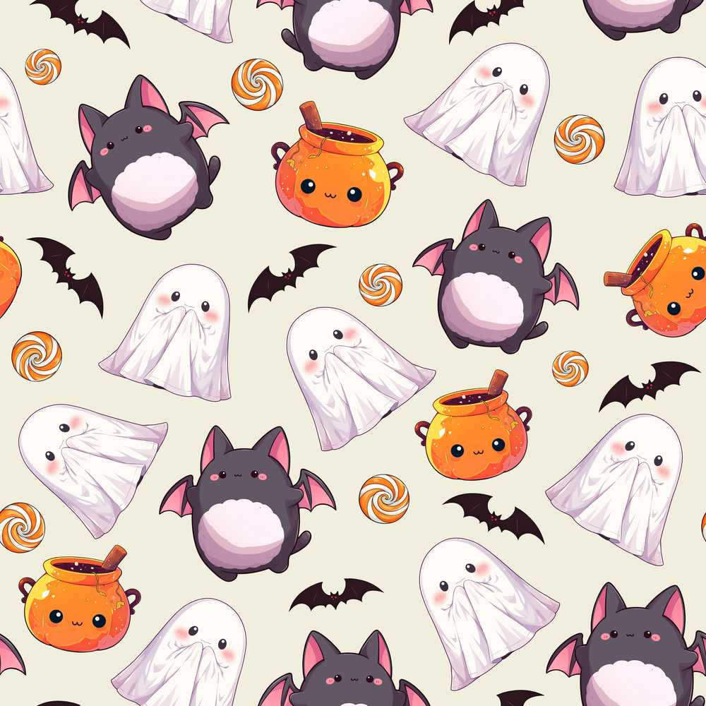 Cute Kawaii Ghost Bat Candy Pumpkin Cream Background