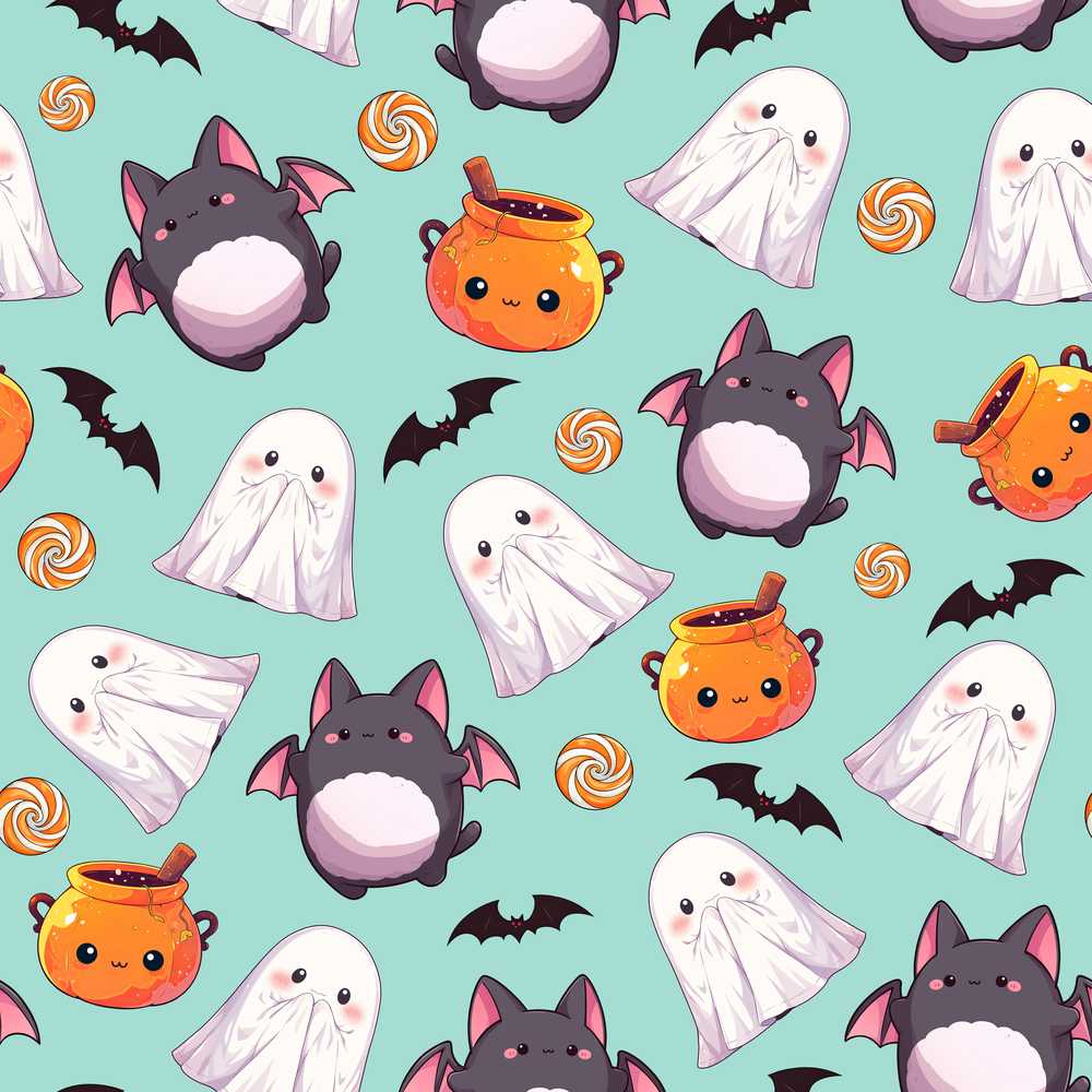 Cute Kawaii Ghost Bat Candy Pumpkin Mint Background