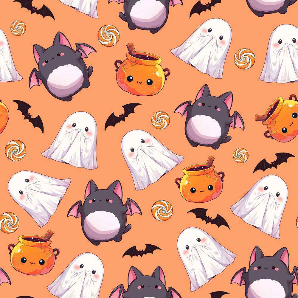 Cute Kawaii Ghost Bat Candy Pumpkin Orange Background