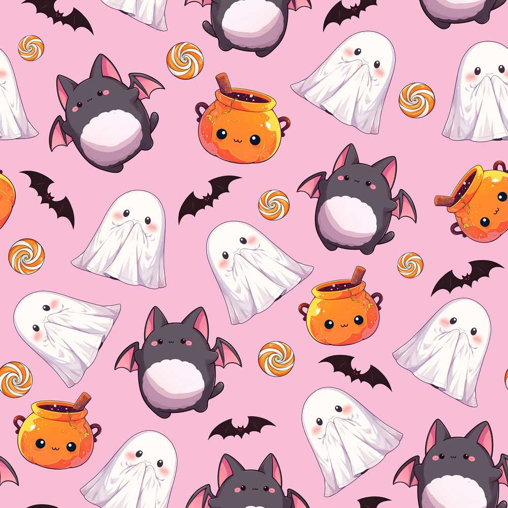 Cute Kawaii Ghost Bat Candy Pumpkin Mauve Pink Background
