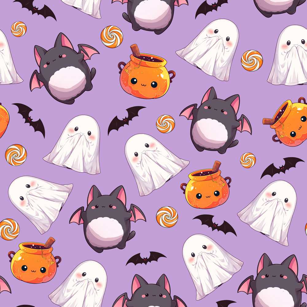 Cute Halloween Ghost Bat Candy Pumpkin Purple Background