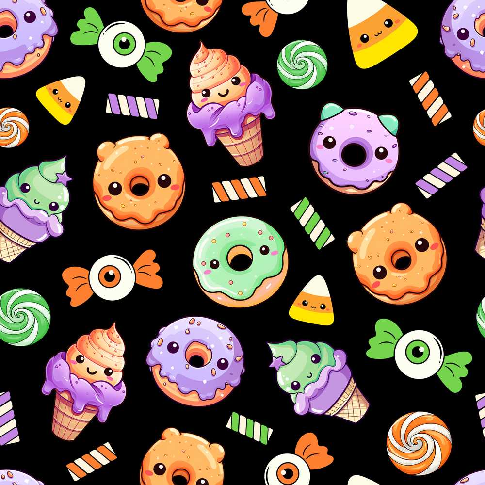 Cute Halloween Sweet Donut Ice Cream Candy Black Background