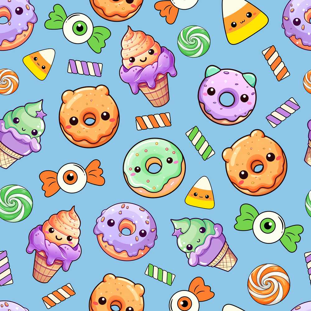 Cute Halloween Sweet Donut Ice Cream Candy Blue Background