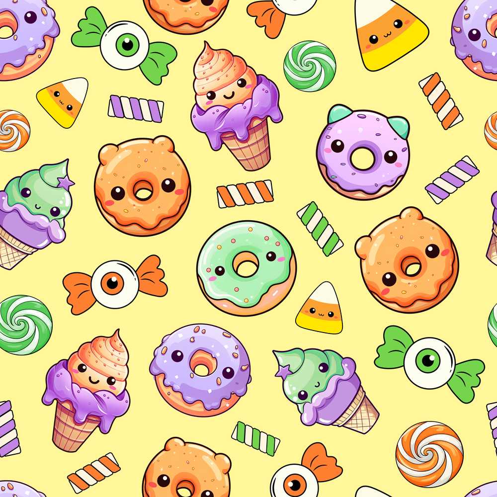 Cute Halloween Sweet Donut Ice Cream Candy Yellow Background