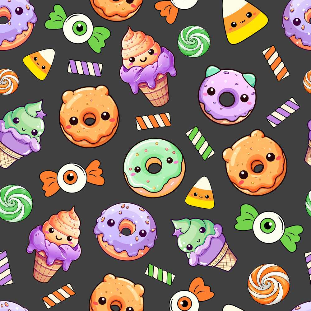 Cute Halloween Sweet Donut Ice Cream Candy Grey Background