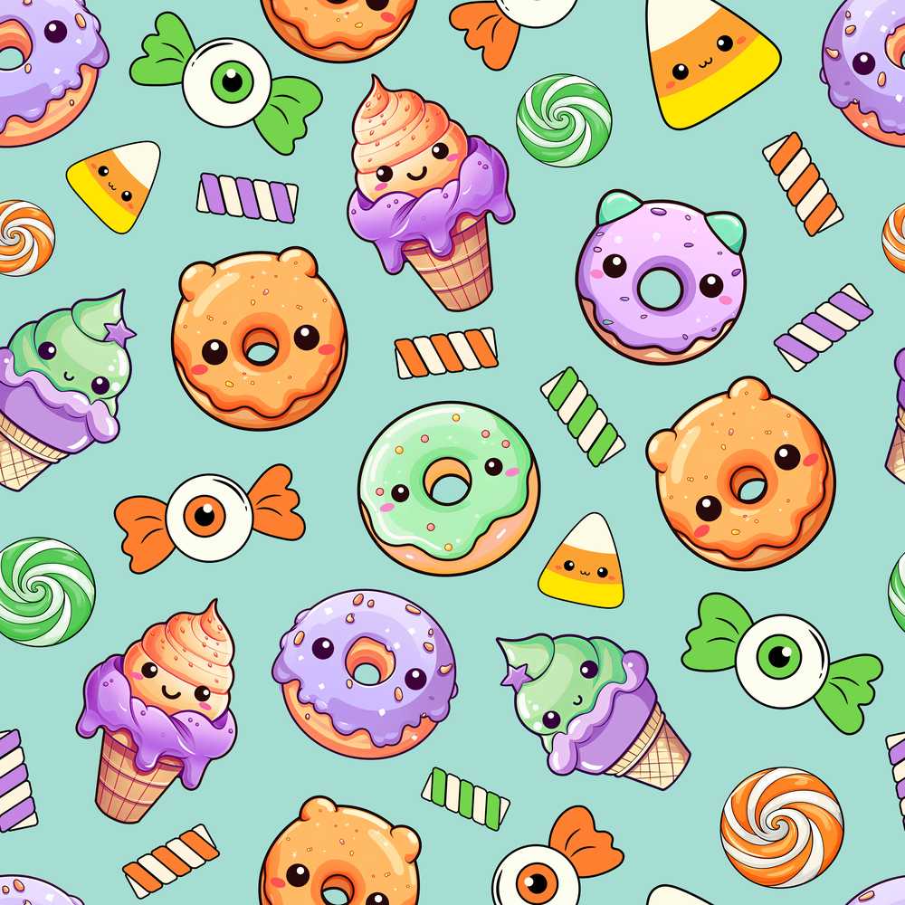 Cute Halloween Donut Candy Ice Cream Kawaii Teal Background