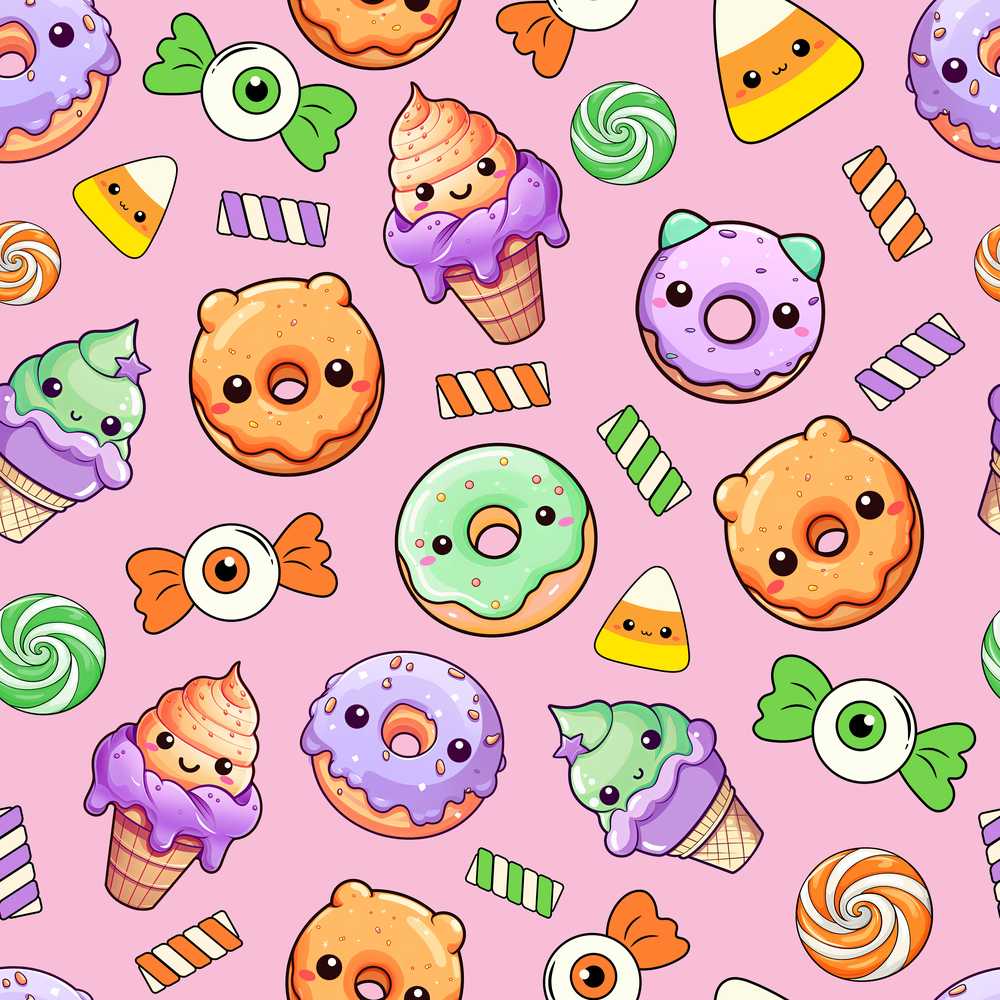 Cute Halloween Donut Candy Ice Cream Kawaii Pink Background