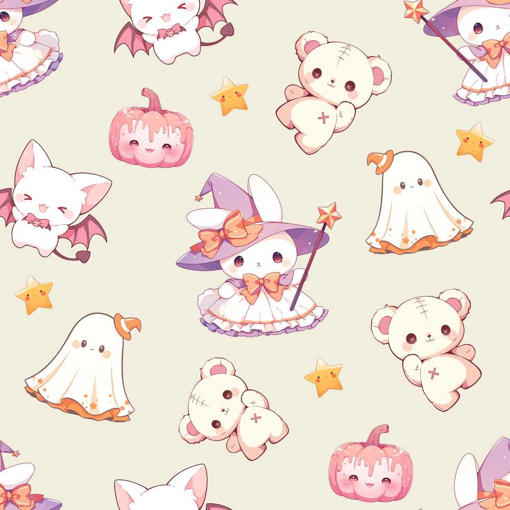 Cute Halloween Bunny Witch Teddy Pumpkin Cream Background