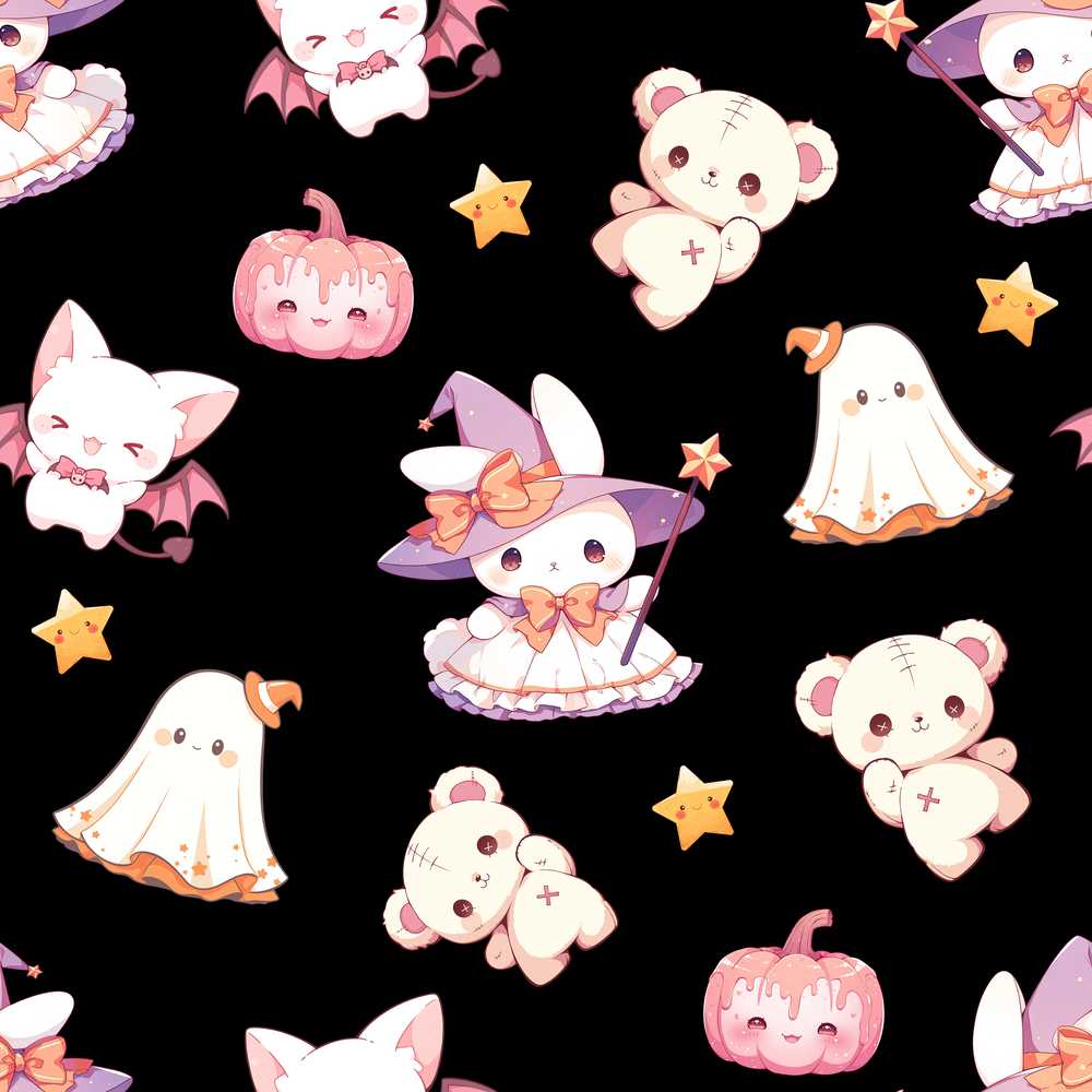 Cute Halloween Bunny Witch Teddy Pumpkin Black Background
