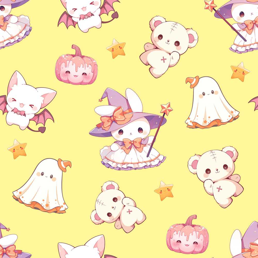 Cute Halloween Bunny Witch Teddy Pumpkin Yellow Background