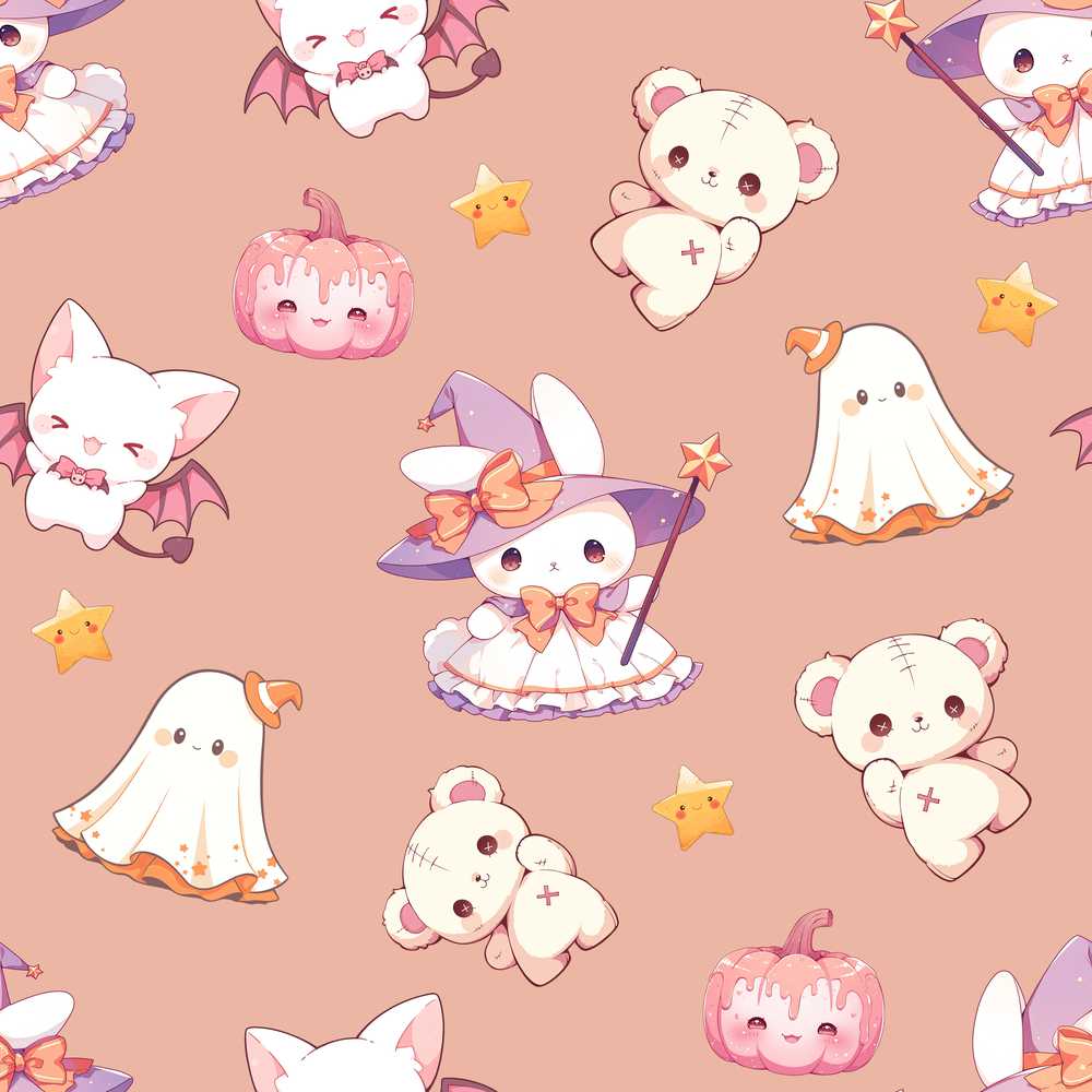 Cute Halloween Bunny Witch Teddy Pumpkin Peach Background