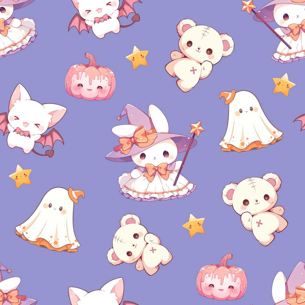 Cute Halloween Bunny Witch Teddy Pumpkin Purple Background
