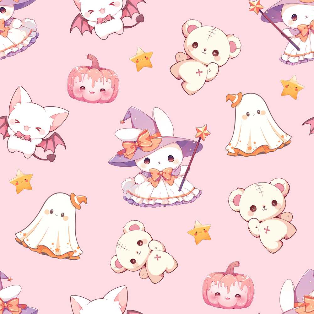 Cute Halloween Bunny Witch Teddy Pumpkin Blush Background