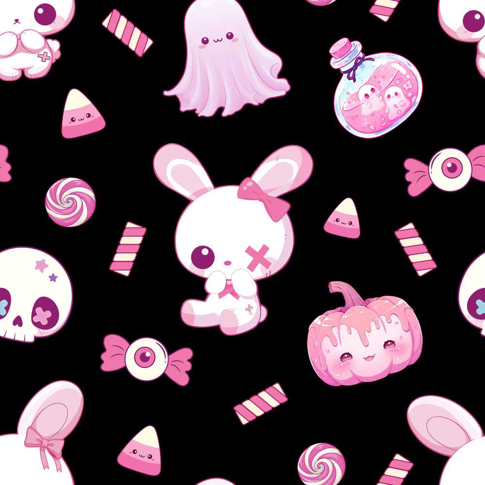 Kawaii Halloween Bunny Ghost Candy Pumpkin Black Background