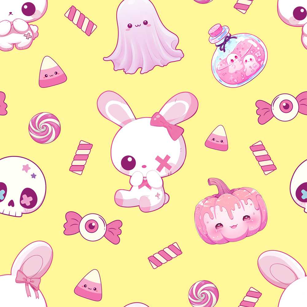 Kawaii Halloween Bunny Ghost Candy Pumpkin Yellow Background