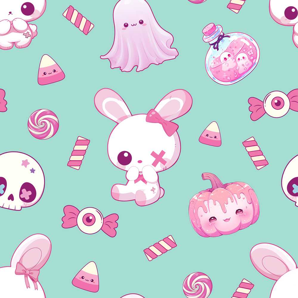 Kawaii Halloween Bunny Ghost Candy Pumpkin Teal Background