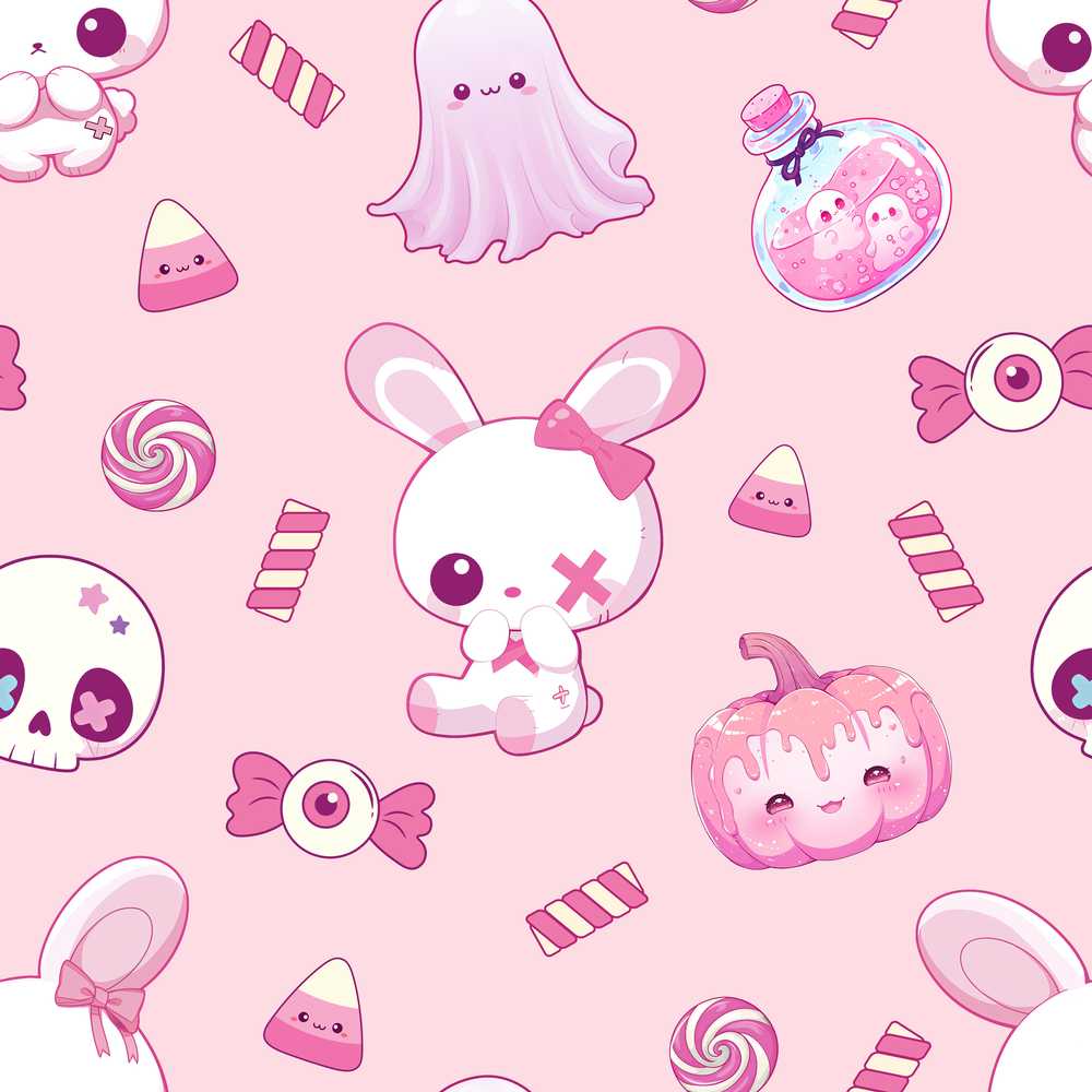 Kawaii Halloween Bunny Ghost Candy Pumpkin Blush Background