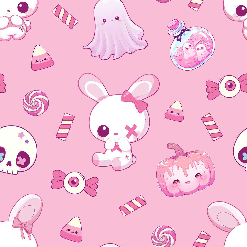 Kawaii Halloween Bunny Ghost Candy Pumpkin Pink Background