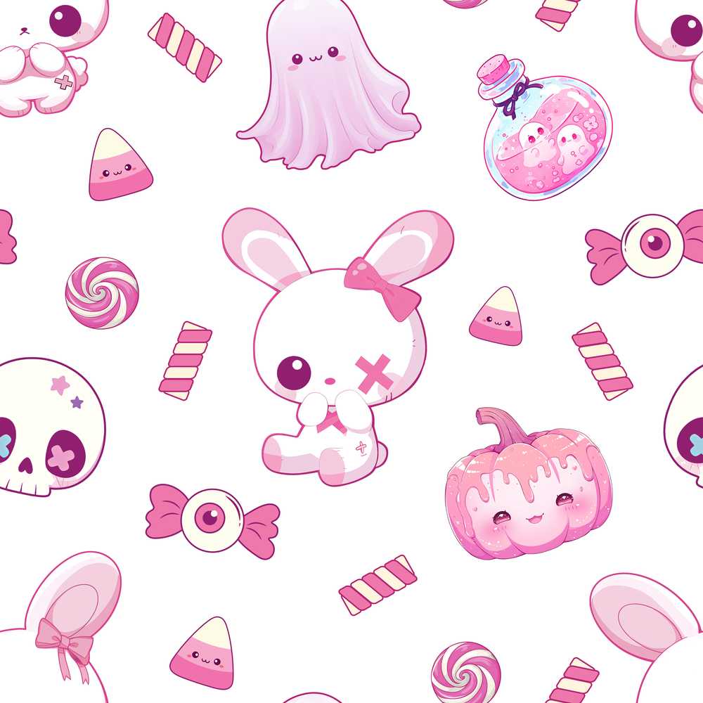 Kawaii Halloween Bunny Ghost Candy Pumpkin Grey Background
