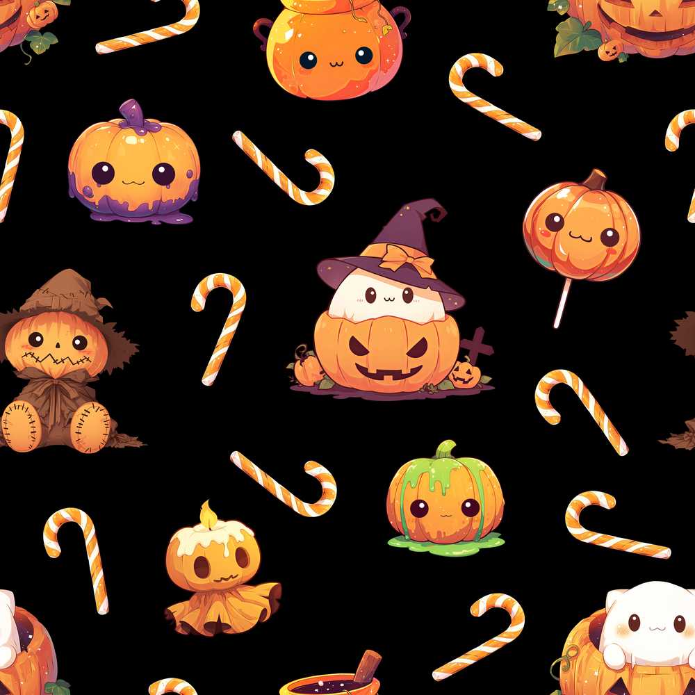 Cute Kawaii Halloween Pumpkin Witch Candy Black Background