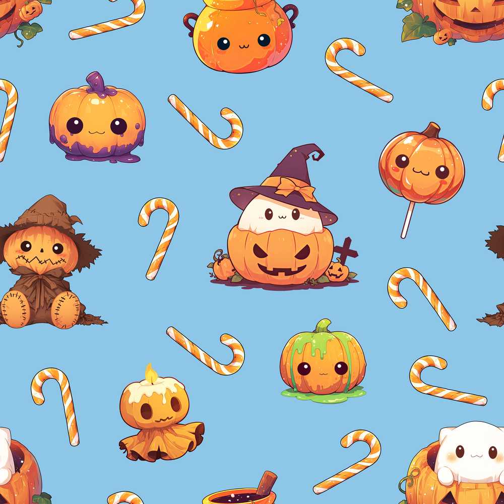 Cute Kawaii Halloween Pumpkin Witch Candy Blue Background