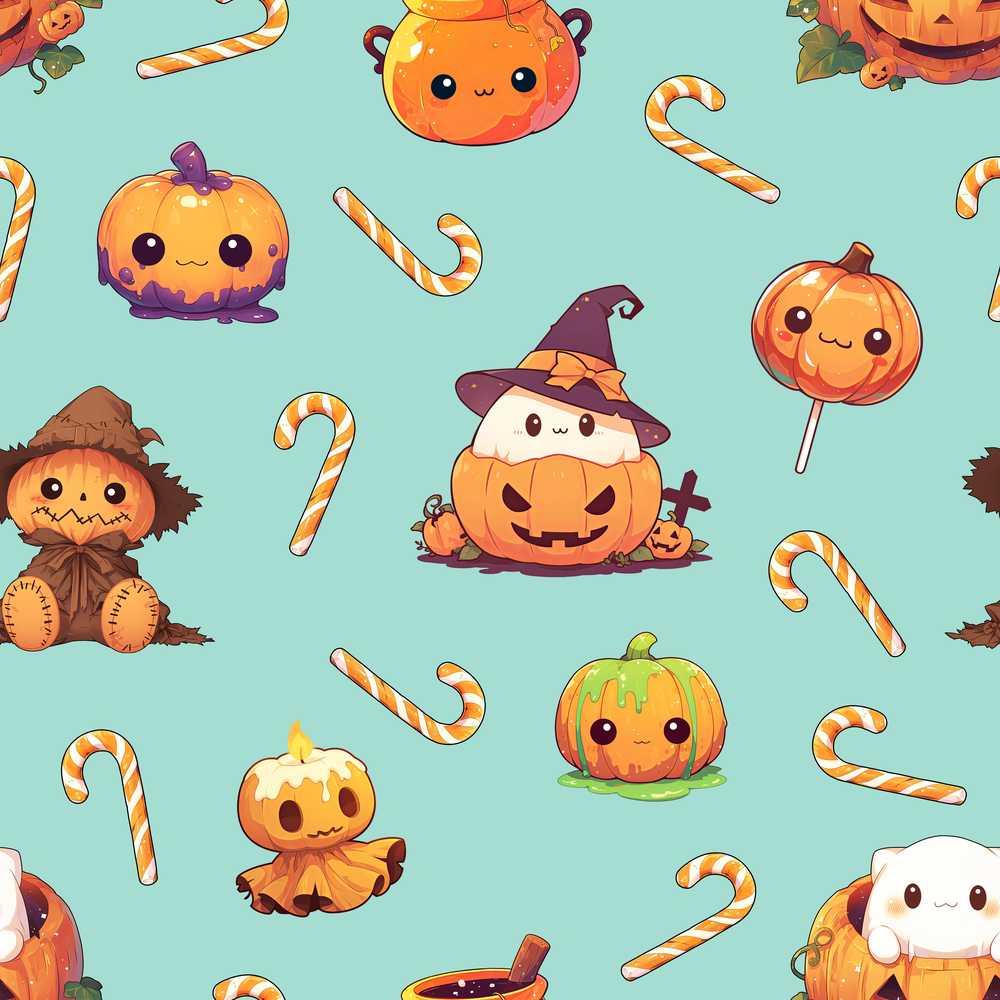 Cute Kawaii Halloween Pumpkin Witch Candy Teal Background