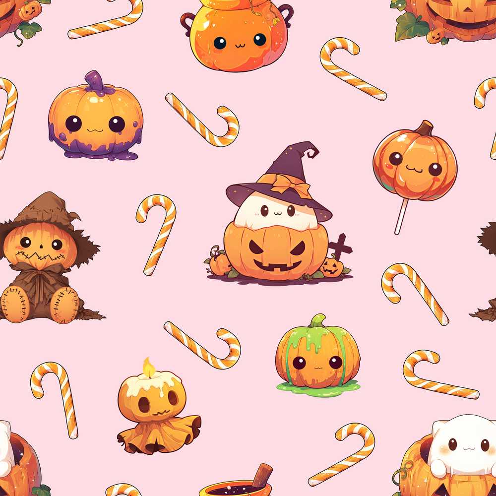 Cute Kawaii Halloween Pumpkin Witch Candy Blush Background