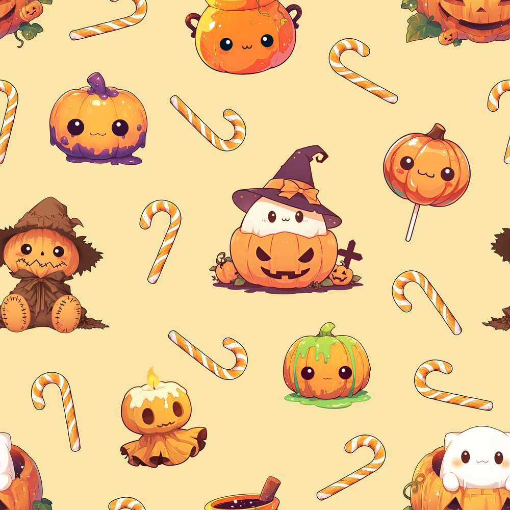 Cute Kawaii Halloween Pumpkin Witch Candy Yellow Background