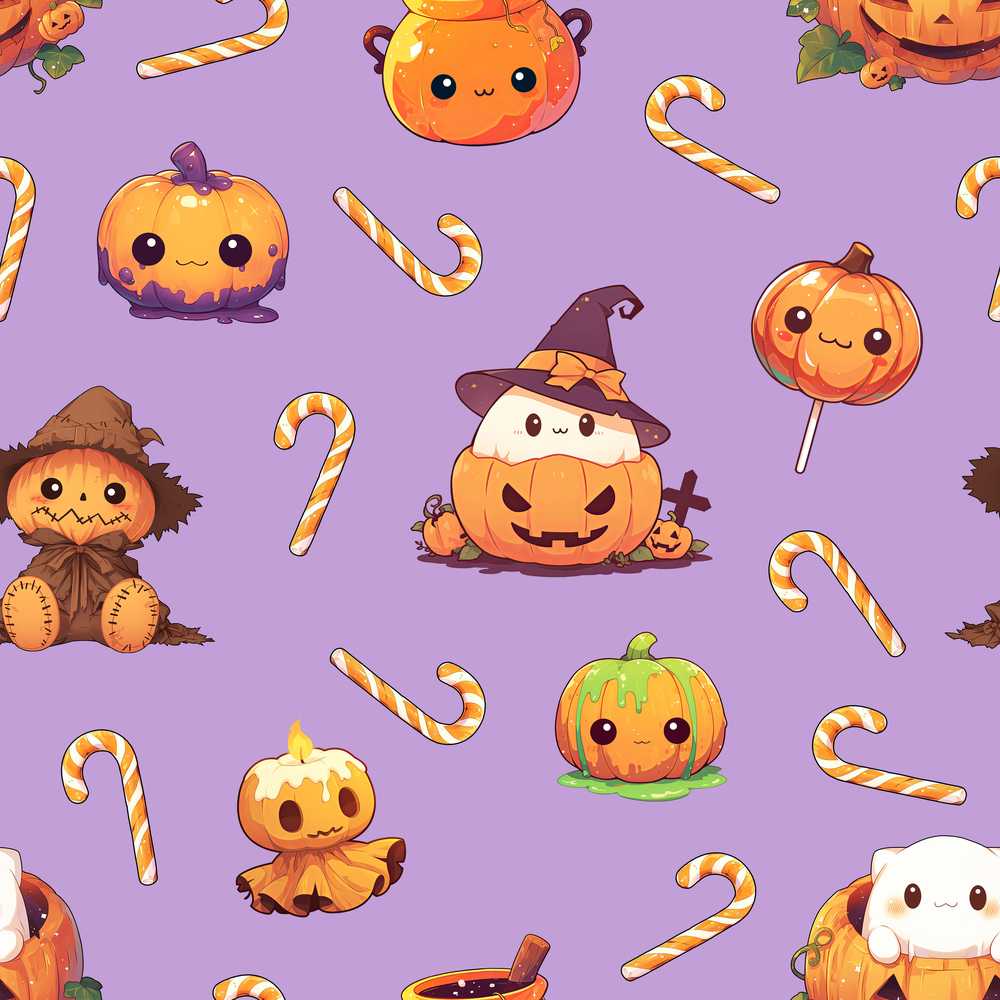 Cute Kawaii Halloween Pumpkin Witch Candy Purple Background