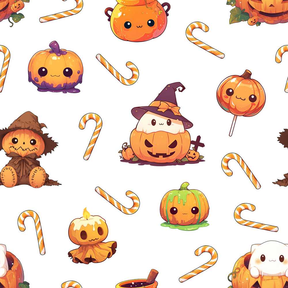 Cute Kawaii Halloween Pumpkin Witch Candy Grey Background