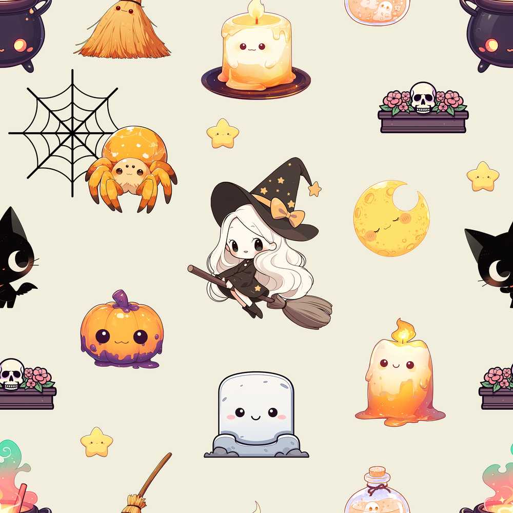 Cute Kawaii Halloween Witch Pumpkin Spider Cream Background