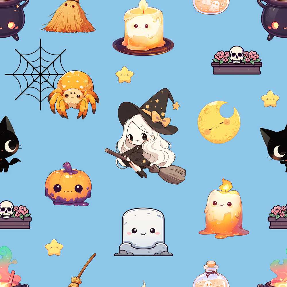 Cute Kawaii Halloween Witch Pumpkin Spider Blue Background