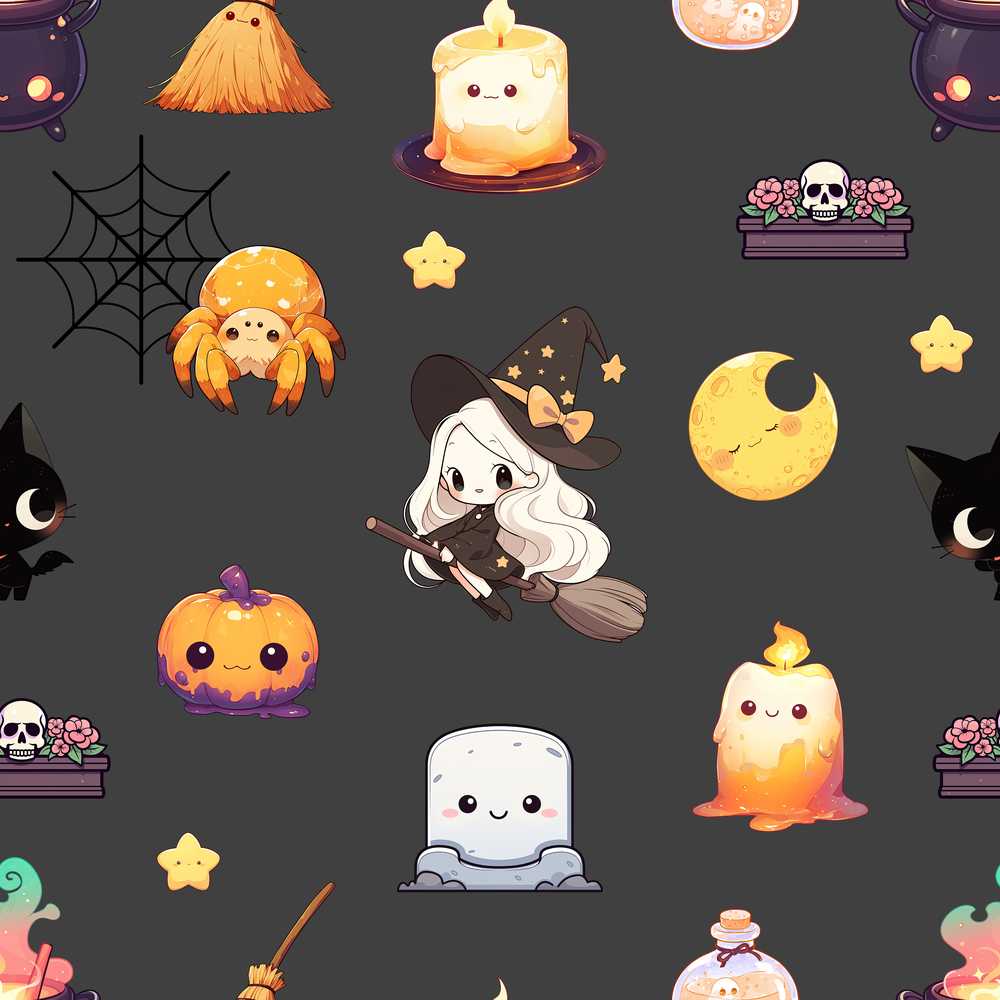 Cute Kawaii Halloween Witch Pumpkin Spider Dark Background